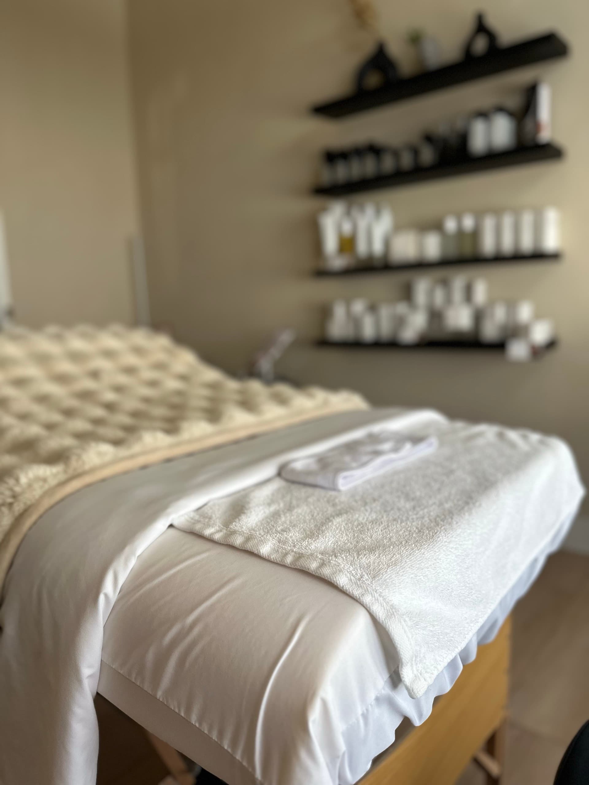 Treatment area with organized product shelves