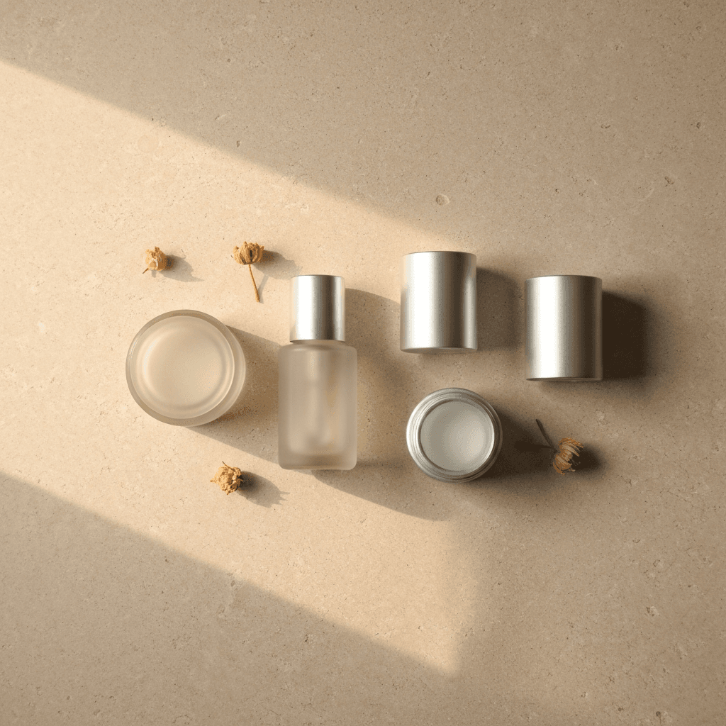 Simple four-step skincare routine laid out on a stone surface