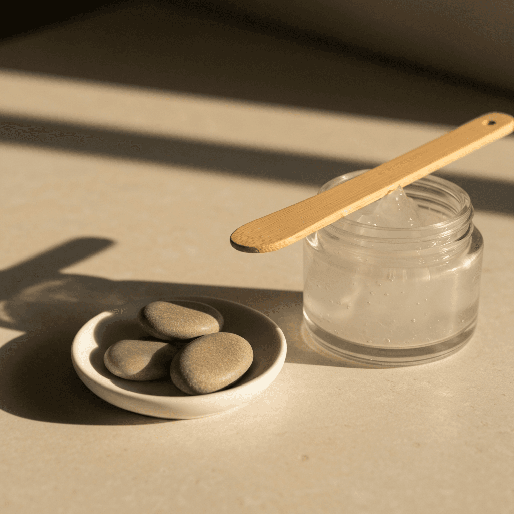 Simple barrier-supporting skincare textures in warm natural light